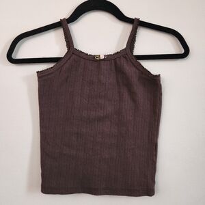 Zara Girls Brown Pointelle Knit Rosette Lace-Trimmed Tank Camisole Top